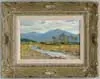 Silvery Light, Arroyo Hondo (N.M.) by Paul Strisik, Oil on masonite western scene shows small river running through horse farm. Tall majestic mountains in background, sold Jan 2003