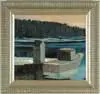 Andrew G. Winter, Monhegan Dock, Oil on board scene shows lobster boat at dock with evergreen forested hill in background
