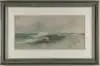 George Howell Gay, Beach Scene, Watercolor scene shows crashing waves on rock strewn beach with sails and seagulls in distance