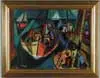 Irving George Lehman, Boat Regatta, Oil on masonite shows abstract rendering of multiple sailboats and sailors. Bright colors accentuate this abstract work