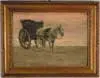 Melbourne H. Hardwick, Horse and Wagon on Beach, Oil on board scene shows white horse pulling two-wheeled wagon on sandy beach with sunset type sky