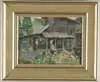 The Sugar House by Anna Fisher, Oil on canvas scene shows gray building in a green landscape with two men on a covered porch, sold Jan 2003