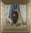 Kenneth Stevens Macintyre, Siamese Cats in Still Life, Oil on canvas still life shows two Siamese cats in front of a bronze oriental jar with blue, gold and ivory curtain