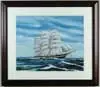Diana Hicks, Tall Ship in Full Sale, Watercolor/Gouache of three-mast ship sailing left to right with full sails