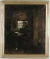 Interior Scene by Unsigned, Oil on canvas scene shows man seated at table next to window with cat beside. Table has tall stein and bowl, sold Jan 2003
