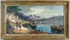 Gene Bevort, Lake Como, Large oil on canvas scene of mountain lined lake with colorful sailboats and village on lakeshore