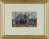Isabelle H. Ferry, Study for Building the Boat, Oil on canvas scene shows a boat in dry dock with shack beside