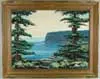William H. Truitt, Maine Coastline, Oil on canvas laid down on masonite Monhegan Island coastline with trees and cliff