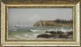 Sailing Off Owls Head, Maine by George M. Hathaway, Oil on academy board Maine coastal scene shows a two-mast schooner sailing off a bluff of land with building atop, sold Feb 2012