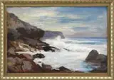 Isabelle Parke Branson Cartwright, Along the Maine Coast & Still Life of Flowers, The two sided oil on canvas shows a rugged coastal view with waves crashing onto cliffs under colorful sky