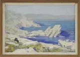 Jay Hall Connaway, Rocky Coast, Oil on canvas summer scene shows a rugged rocky coastline with a figure seated overlooking the ocean