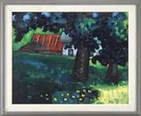 Philip Barter, The Heep’s Farm Madrid, Maine, Oil on masonite landscape scene shows two large trees with house and barn beyond with foreground colorful flowers
