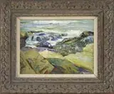 Cadwallader Lincoln Washburn, Tidal Rocks, Oil on wood panel coastal scene shows waves rolling over coastal rocks