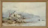 Samuel Peter Rolt Triscott, Calm Coastline, Watercolor coastline scene shows two small boats moored in calm water off a rocky and wood lined coast with buildings