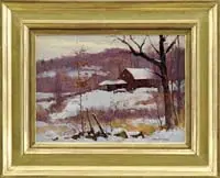 Deep Snow by Bernard Corey, Oil on masonite winter scene shows a red barn with green shed at the top of a field with wooded hill and field beyond, sold Feb 2012