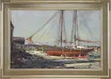 Robert Charles Gruppe, Fitting Out the Schooner, Large oil on canvas scene shows a large two-mast schooner at dry dock with several figures beside working on its hull