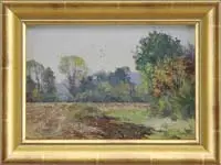 Birds Over Field by Bernard Corey, Oil on masonite spring scene shows a flock of birds in and over a harvested field lined with colorful trees and grass, sold Feb 2012