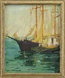 Jane Peterson, Gloucester Harbor Sketch, Oil on board sketch of two schooners on green water