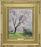 Charles Gordon Harris, Under the Blossoming Tree, Oil on canvasboard spring scene shows a couple walking along a dirt path under a colorful pink blossoming tree