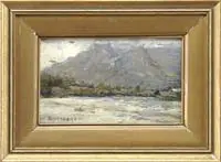 Albert Bierstadt, View Overlooking Mountains, Small oil on wood panel scene shows a background of tall mountains with foreground valley and level ground