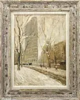Ernest Lawson, New York City, Flat Iron Building, Oil on canvas New York City scene shows snow covered ground looking through trees to the tall Flat Iron building