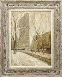 Ernest Lawson, New York City, Flat Iron Building, Oil on canvas New York City scene shows snow covered ground looking through trees to the tall Flat Iron building