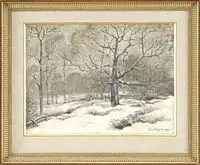Guy Carleton Wiggins, Winter in the Country, Oil on canvas laid on wood panel scene shows a snow covered ground with trees and fence