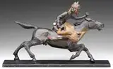 Unsigned, Fleeing with the Maiden, Polychrome bronze shows a running horse with Native American holding a nude maiden