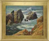 George Joseph Kotch, Rocky Shore-Point Lobos, Ca, Oil on board California coastal scene shows waves crashing onto rocks with a calm inlet