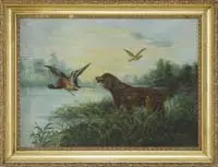 M. Wiegand, Flushing the Mallards, Oil on canvas scene shows a brown setter standing still at the edge of marshy grass while two mallards fly away