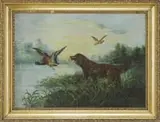 M. Wiegand, Flushing the Mallards, Oil on canvas scene shows a brown setter standing still at the edge of marshy grass while two mallards fly away