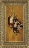 A. B. Frost, Woodcock, Oil on canvas scene shows two recently shot woodcock hanging from string against a brown mottled background