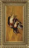 A. B. Frost, Woodcock, Oil on canvas scene shows two recently shot woodcock hanging from string against a brown mottled background