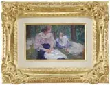 Hippolyte Petitjean, Two Women in the Park, Oil on board scene shows two women seated on green grass amongst trees