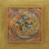 Rolph Scarlett, Multi-Color Abstract, Oil on masonite shows a round cyclone type scene with jumbled symbols at center