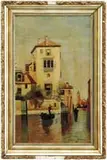 Warren Sheppard, Along the Venice Canal, Oil on canvas scene shows a calm canal reflecting the buildings while a gondolier pulls his boat