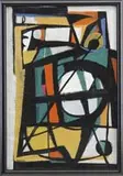 Miron Sokole, The Call, Oil on canvas abstract scene shows a design in bold black with green, orange, blue, and white