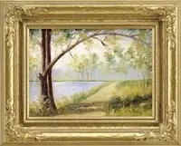 Summer Path by Charles Harold Davis, Oil on canvasboard summer scene shows a large tree casting a shadow on a path alongside water, sold Feb 2012