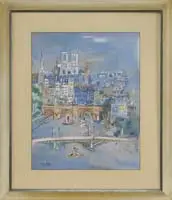 Jean Dufy, Paris, Isle De La Cite, Pochoir scene showing a waterway with bridges and large buildings. A birdseye view of Paris