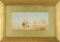 Zullo, The Pyramids of Giza, Watercolor Egyptian scene shows two men with camel having the three pyramids and the sphinx as a backdrop