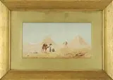 Zullo, The Pyramids of Giza, Watercolor Egyptian scene shows two men with camel having the three pyramids and the sphinx as a backdrop