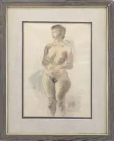 Nude Study by Raphael Soyer, Mixed media on paper scene shows a full length view of a nude woman facing viewer, sold Feb 2012
