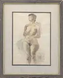 Raphael Soyer, Nude Study, Mixed media on paper scene shows a full length view of a nude woman facing viewer