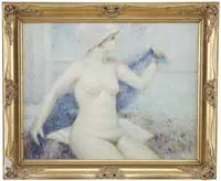 Signed, Pastel Nude, Oil on canvas scene shows a nude woman with bathing cap and blue towel