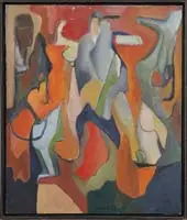 Cameron Booth, Abstract Shapes, Oil on canvas abstract scene shows shapes in colors of red, orange, gray, green & brown
