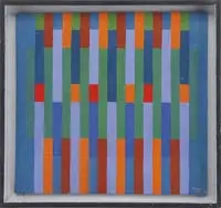 Franklin Owen, Line Abstract, Oil on masonite abstract scene shows vertical lines in colors of blue, red, orange, and green