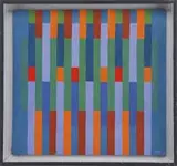 Franklin Owen, Line Abstract, Oil on masonite abstract scene shows vertical lines in colors of blue, red, orange, and green