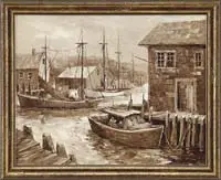 Carl M. Thorp, The Busy Harbor, Oil on board monochromatic scene shows several boats moored to docks with buildings in a brown & white scene