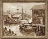 Carl M. Thorp, The Busy Harbor, Oil on board monochromatic scene shows several boats moored to docks with buildings in a brown & white scene