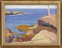 Clifford McCormick Ulp, Along the New England Coast, Oil on board shoreline scene shows a calm, blue ocean with coastal granite rock